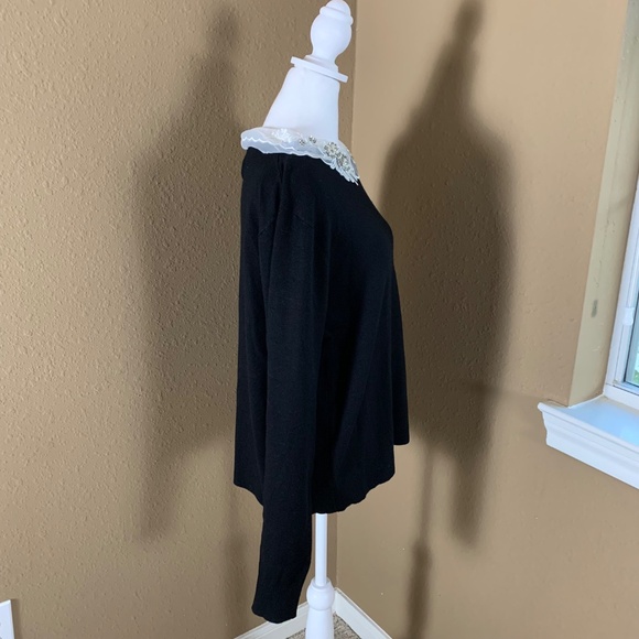 Siani Milano Black Knit Top White Embellished Lace Collar XL NWT - Picture 4 of 9